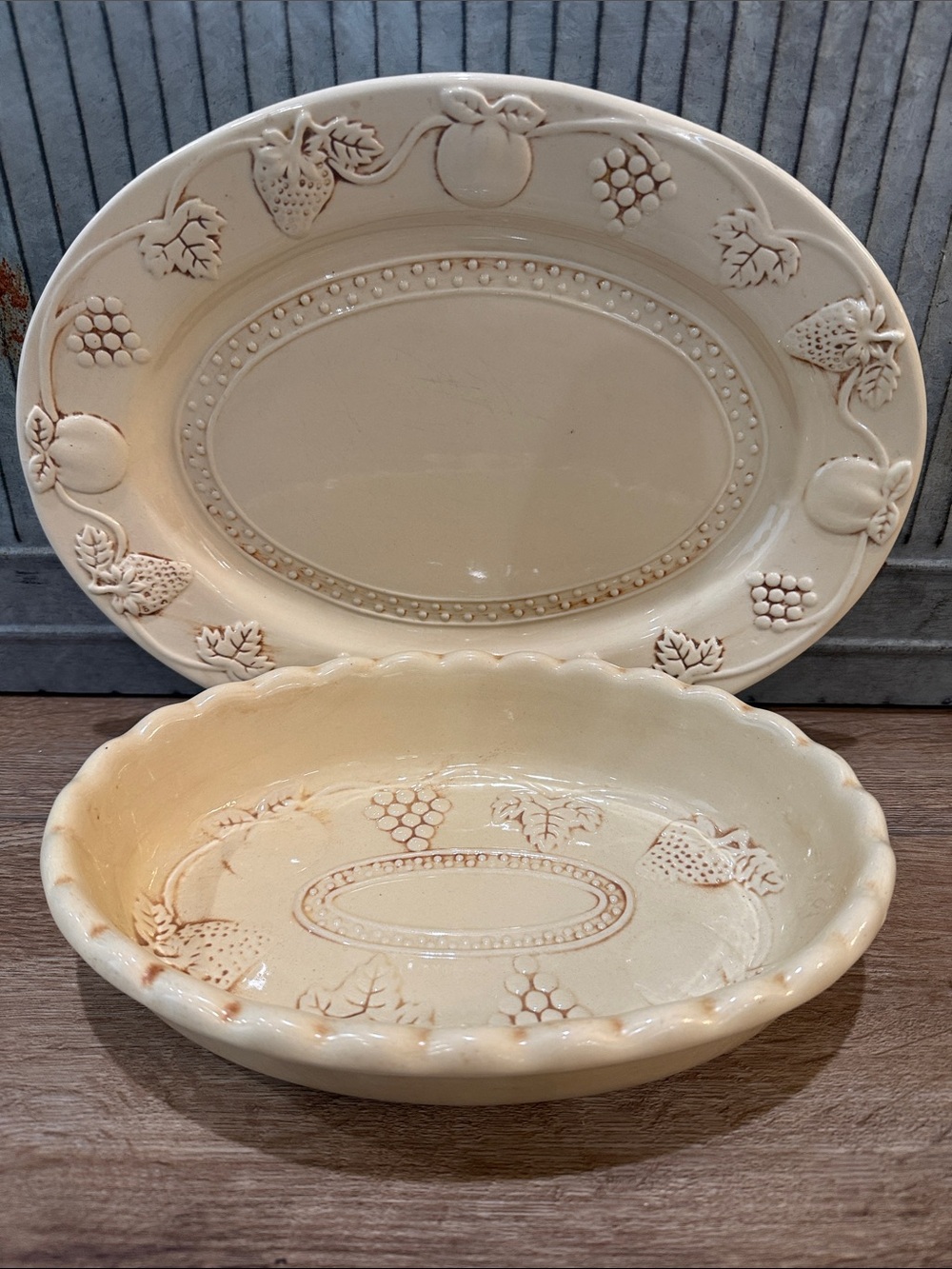 Gibson's Vintage Embossed Fruit Design Stoneware Platter Plate and serving bowl